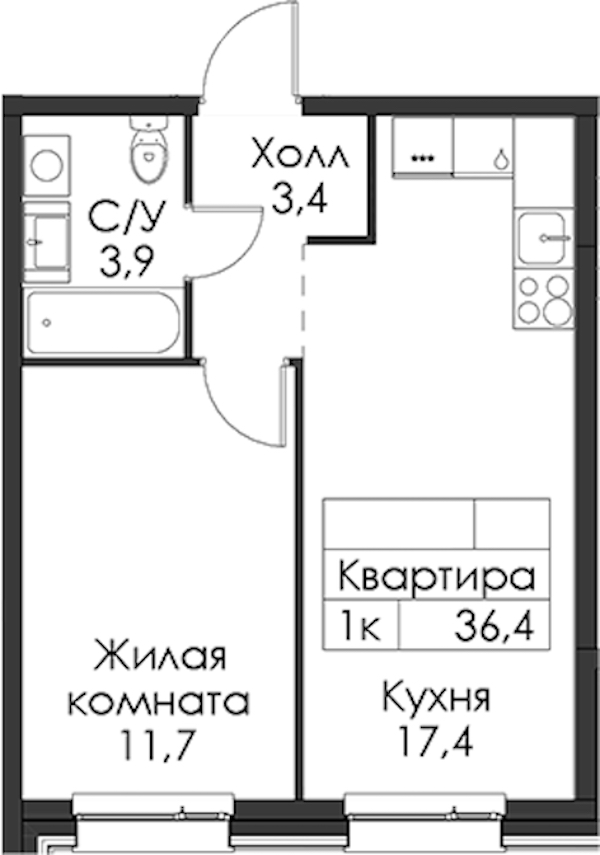 1-комнатная квартира 36.4 м², 5/8 эт., ЖК «Шкиперский 19»